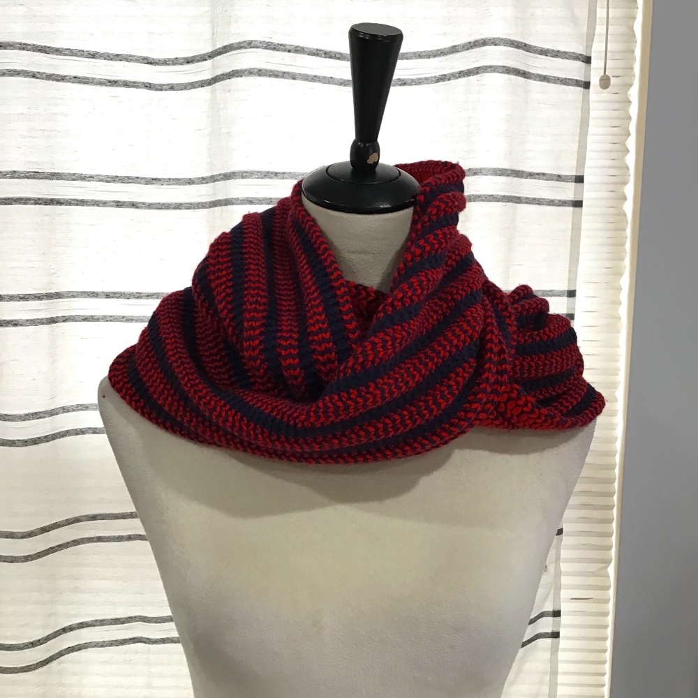 J.Crew Women OS Infinity Cable Knit Scarf Cashmere Lambs Wool Red Stripe Preppy